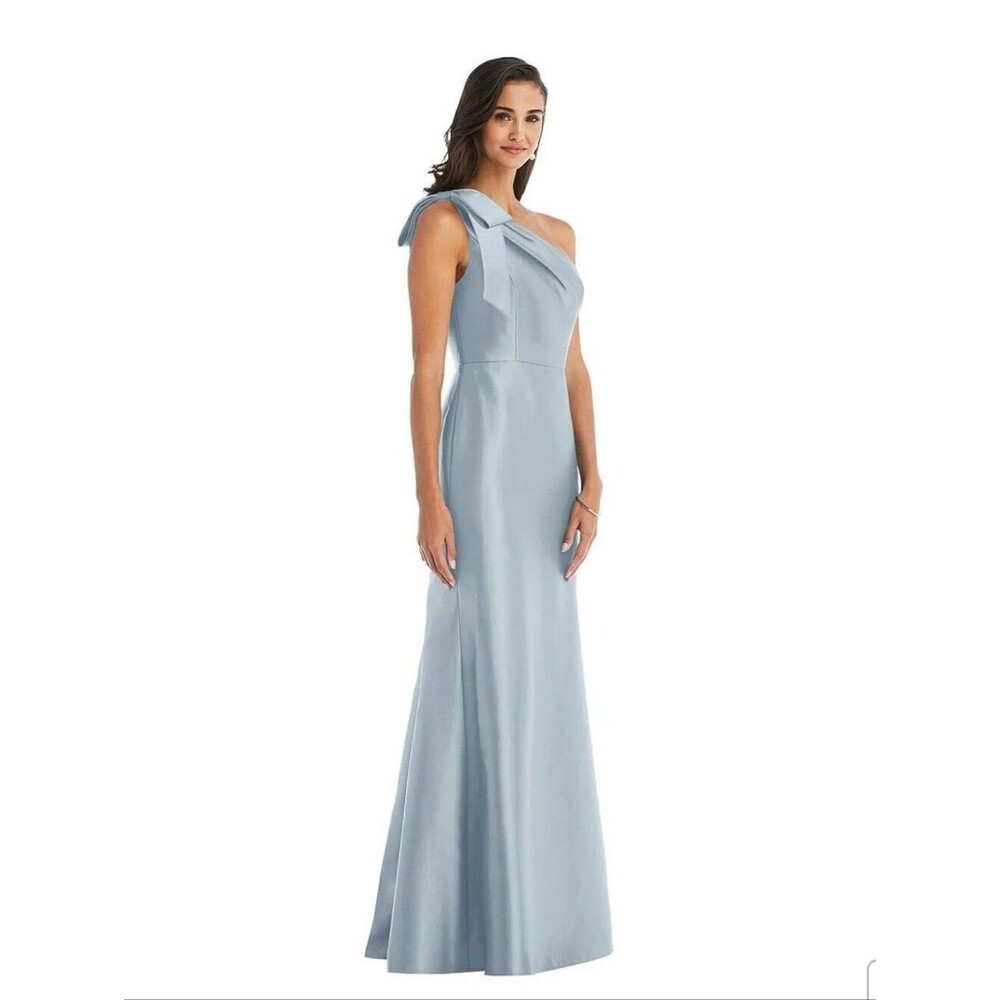 Alfred Sung One-Shoulder Mist Blue Satin Evening Dress with Bow Detail Size 12